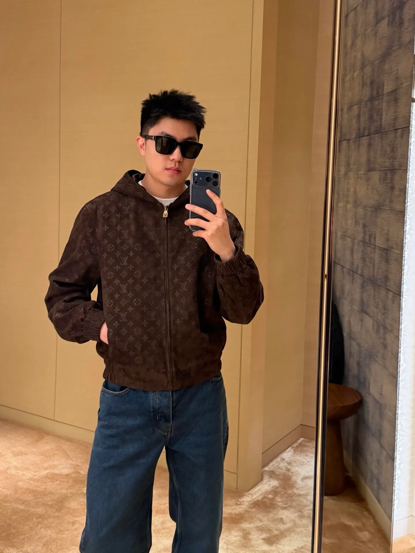 Louis Vuitton/embossed suede leather hooded jacket
